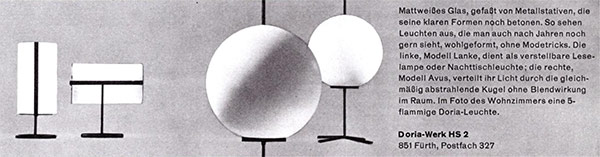 Doria Anzeige mit Wandleuchten Modelle „Lanke“ und „Avus“ 1964.