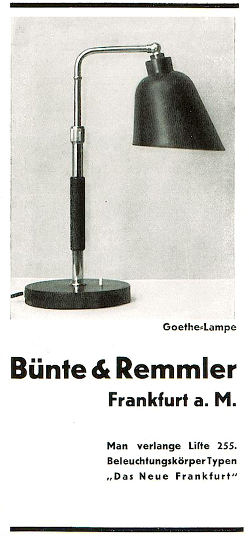 Bünte & Remmler. Anzeige für Goethe-Lampe.
Erscheinungstermin: 1929.