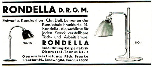 Rodella Beleuchtungskörperfabrik. Anzeige für Leuchte 122 und Leuchte 1.
Erscheinungstermin: 1929.