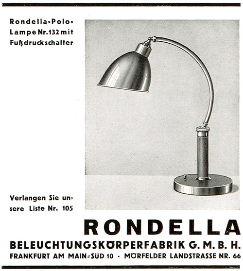 Rodella Beleuchtungskörperfabrik. Anzeige für Leuchte 105.
Erscheinungstermin: 1930.
