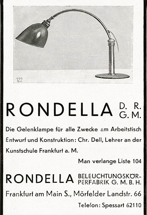 Rodella Beleuchtungskörperfabrik. Anzeige für Leuchte 122.
Erscheinungstermin: 1930.