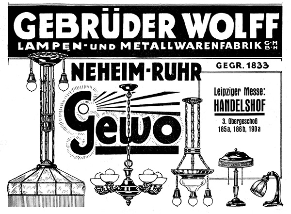 Gebr. Wolff / GEWO Anzeige f&uuml;r Beleuchtungsk&ouml;rper von 1928. 