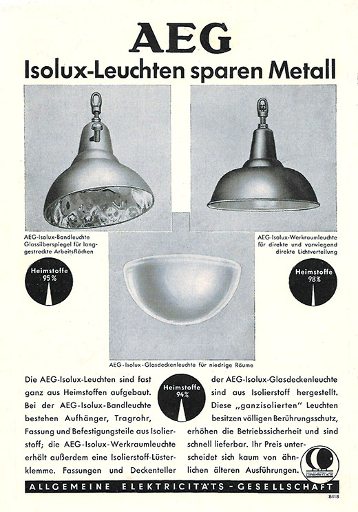 AEG Anzeige mit Isolux Leuchten.
Erscheinungstermin 1940.