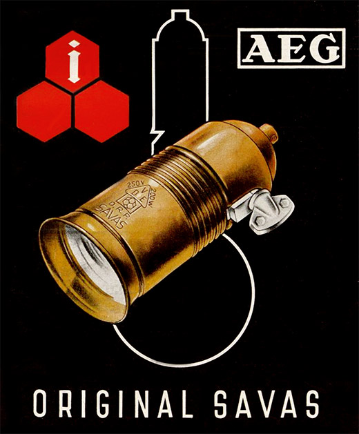 AEG Anzeige mit „Original Savas“ Fassungen.
Erscheinungstermin 1928.