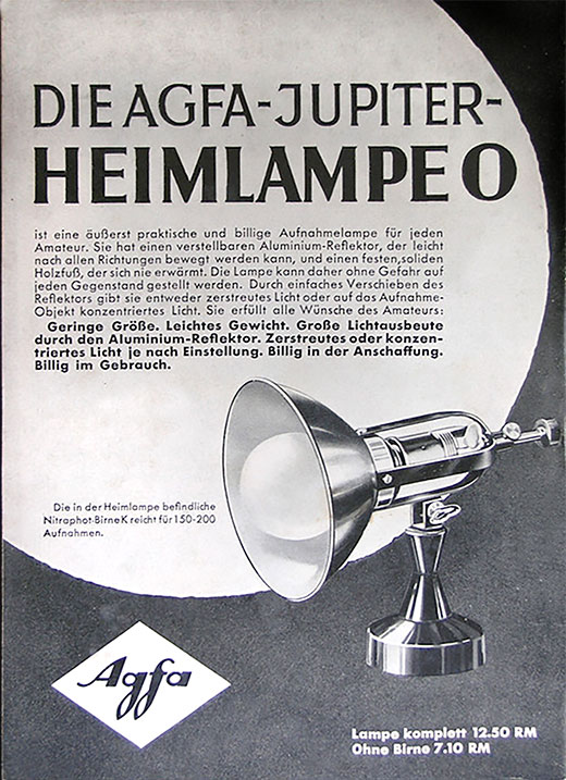 Agfa Anzeige mit „AGFA Jupiter Heimlampe 0“.Erscheinungstermin 1930.