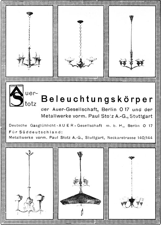 Auer-Stotz Anzeige mit Beleuchtungskörpern
Erscheinungstermin 1927.