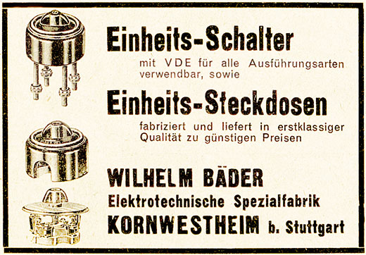 Wilhelm Bäder Anzeige für Einheits-Schalter und Steckdosen 1928