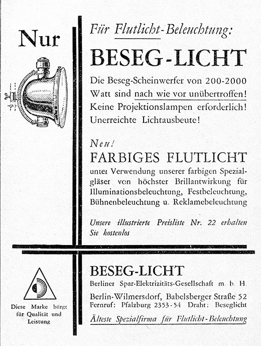 Beseg-Licht Anzeige für Flutlicht-Beleuchtung
Erscheinungstermin 1928.