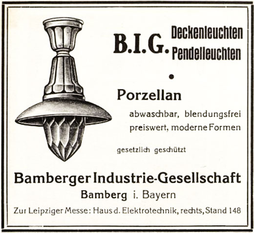 Bamberger Industrie Gesellschaft Anzeige Deckenleuchten, Pendelleuchten, Porzellan
Erscheinungstermin 1929.