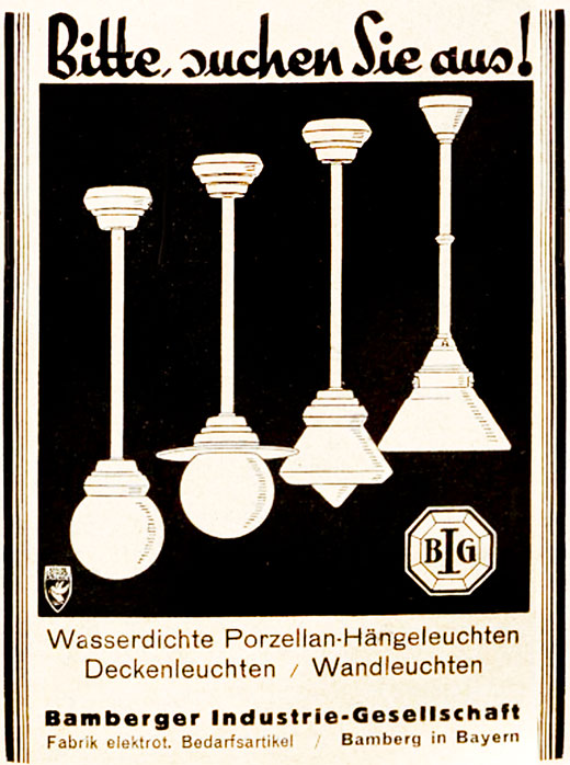 Bamberger Industrie Gesellschaft Anzeige Wasserdichte Porzellan-Hängeleuchten
Erscheinungstermin 1929.