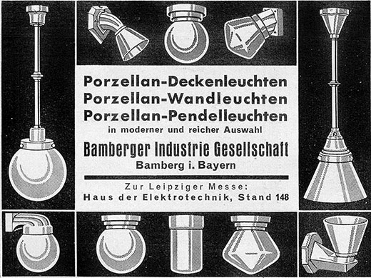 Bamberger Industrie Gesellschaft Anzeige für Porzellan Deckenleuchten
Erscheinungstermin 1931.