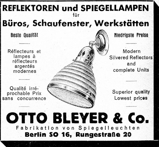 Otto Bleyer Anzeige für Reflektoren.
Erscheinungstermin 1930.