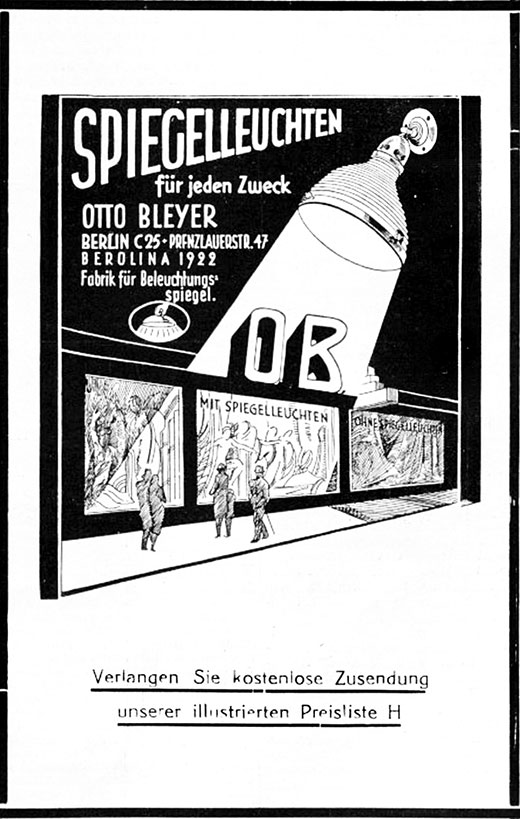 Otto Bleyer Anzeige für Spiegelleuchten.
Erscheinungstermin 1930.