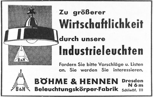 Böhme & Hennen Anzeige für Industrieleuchten.
Erscheinungstermin 1938.