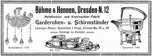 Böhme & Hennen Anzeige für Kristallkrone 1720 und Metallwaren.
Erscheinungstermin 1910.