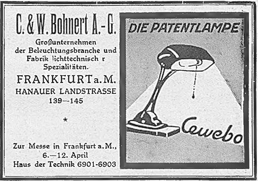 C. & W. Bohnert Anzeige für die CEWEBO Patentlampe.
Erscheinungstermin 1924.