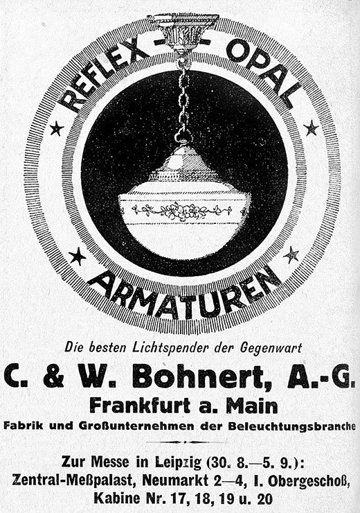 C. & W. Bohnert Anzeige für PReflex-Opal-Armaturen
Erscheinungstermin 1925.