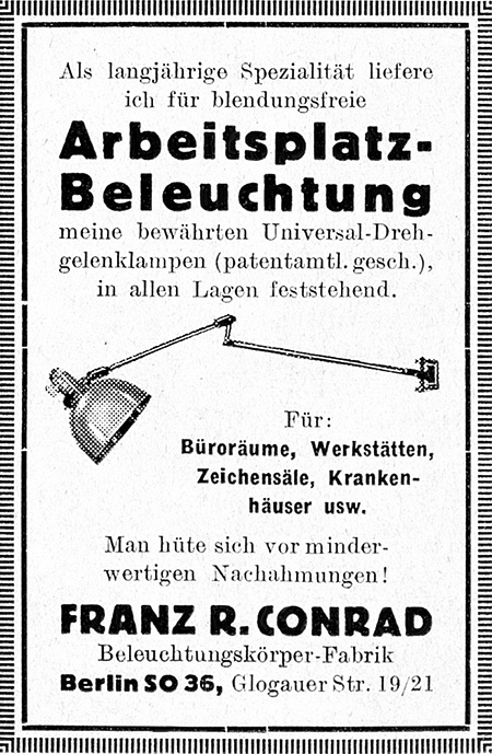 Franz R. Conrad Anzeigen f&uuml;r Arbeitsplatz-Beleuchtung und 
aus dem Jahr 1928