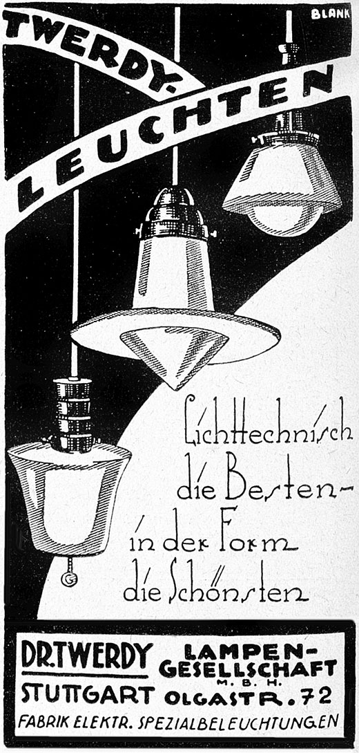 Dr. Twerdy Anzeige für Pendelleuchten.
Erscheinungstermin 1930.
