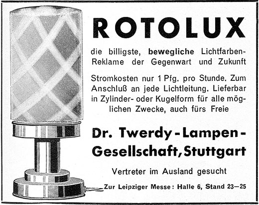 Dr. Twerdy Anzeige für „Rotolux-Leuchten“.
Erscheinungstermin 1931.