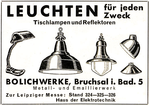 Bolichwerke Anzeige mit „Tischlampen und Reflektoren“
Erscheinungstermin 1936.