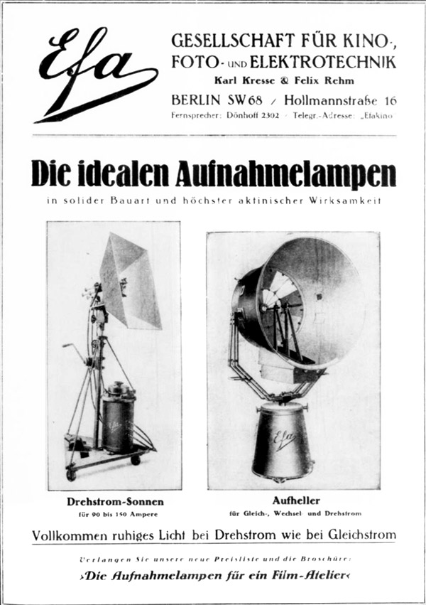 EFA Ges. K. Kresse & F. Rehm Anzeige f&uuml;r &bdquo;Die idealen Aufnahmelampen&ldquo;, 1925. 