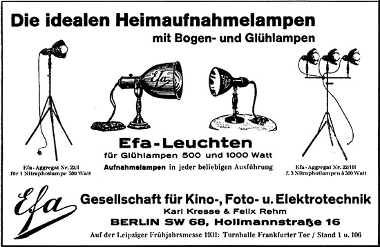 EFA Ges. K. Kresse & F. Rehm Anzeige f&uuml;r Heimaufnahmelampen, 1931. 