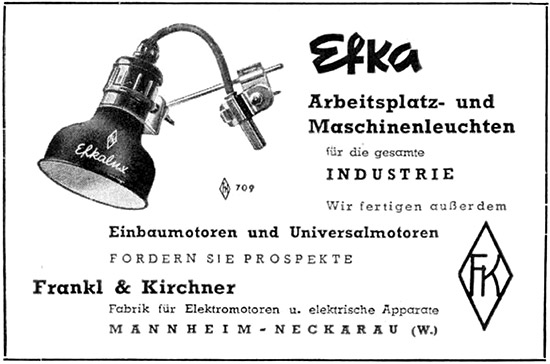 EFKA - Frankl & Kirchner Anzeige für Arbeitspaltz- und Maschinenleuchten, 1955.