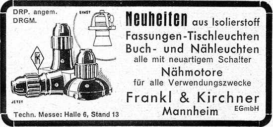 EFKA - Frankl & Kirchner Anzeige für „Neuheiten aus Isolierstoff“, 1935.