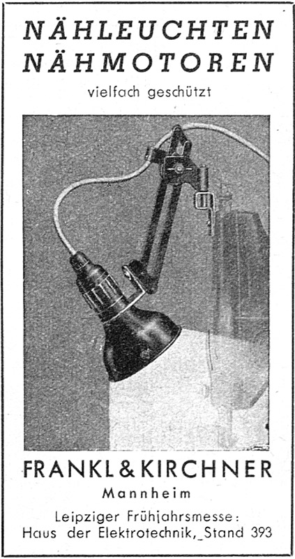 EFKA - Frankl & Kirchner Anzeige für Nähleuchten und, Nähmotoren 1938.