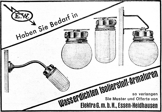 Elektra GmbH Anzeige für wasserdichte Isolierstoff Armaturen von 1932.