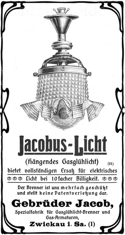 Jacobus Anzeige für Jacobuslicht, hängendes Gasglühlicht.
Erscheinungstermin 1905.
