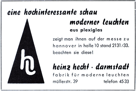 Heinz Hecht Anzeige Leuchten 1956