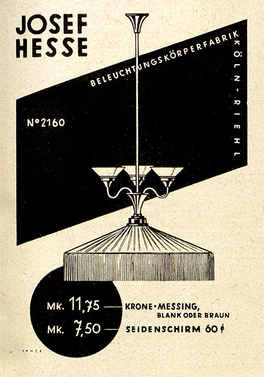 Josef Hesse Leuchten Anzeige f&uuml;r Modell Nr. 2160.
Erscheinungstermin 1930 
