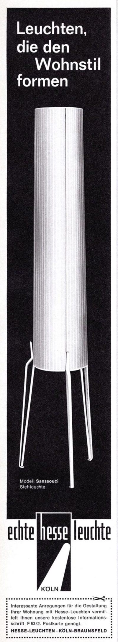 Hesse Leuchten Anzeige mit Modell SANSSOUCI von 1964