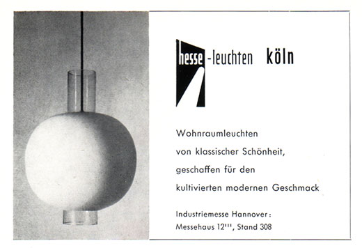 Hesse Leuchten Anzeige f&uuml;r Hannover Messe.
Erscheinungstermin 1960