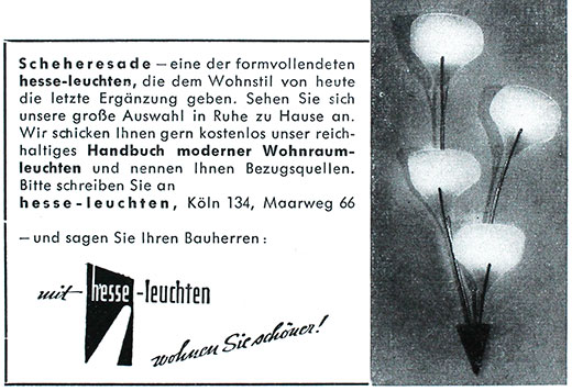 Hesse Leuchten Anzeige f&uuml;r SCHEHERESADE Leuchte.
Erscheinungstermin 1956