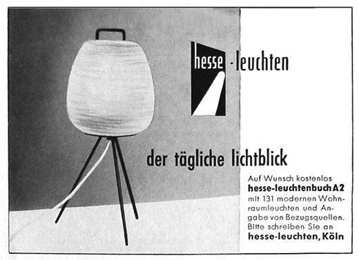 Hesse Leuchten Anzeige f&uuml;r Stehleuchten.
Erscheinungstermin 1958