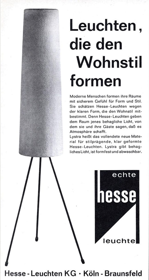 Echte Hesse Leuchten Anzeige mit Modell aus dem Material &bdquo;Lystra&ldquo;Erscheinungstermin 1961