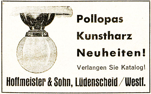 HOSO Anzeige für Pollopas Kunstharz Leuchten 1935