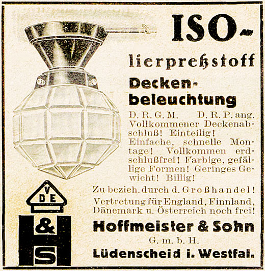 HOSO Anzeige für Isolierstoff Leuchten 1931