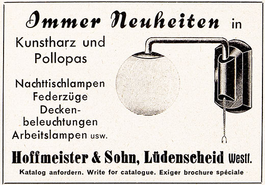 HOSO Anzeige für Pollopas Kunstharz Leuchten 1934