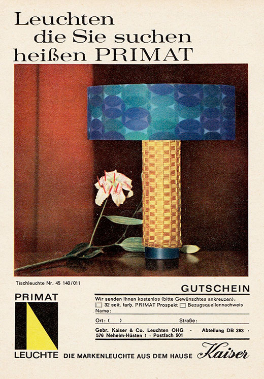 Kaiser Primat Anzeige mit Tischleuchte Nr. 45 140/011
Erscheinungstermin 1963.