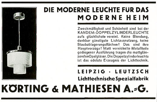 Kandem „Die moderne Leuchte für das moderne Heim“ Anzeige 1930 Doppelzylinderleuchte