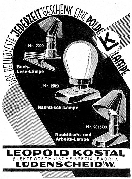 Kostal Anzeige für POLDI Lampen.
Erscheinungstermin 1935.