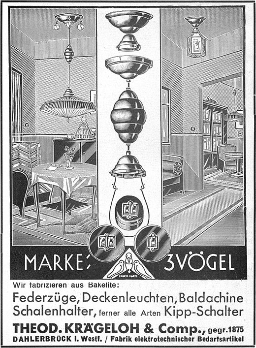 Krägeloh Anzeige für Federzüge, Decken-Leuchten, Marke 3 Vögel.
Erscheinungstermin 1932.