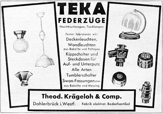 Krägeloh Anzeige für TEKA Leuchten.
Erscheinungstermin 1936.