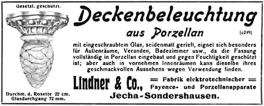 Lindner Anzeige Deckenbeleuchtung aus Porzellan 1923 