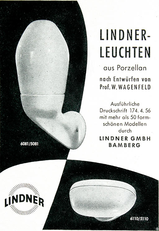 Lindner Anzeige Leuchten 6081 und 6110 entworfen von Wilhelm Wagenfeld 1957