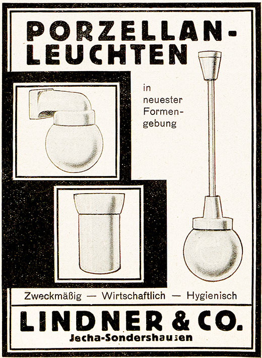 Lindner Anzeige mit Porzellanleuchten 1930